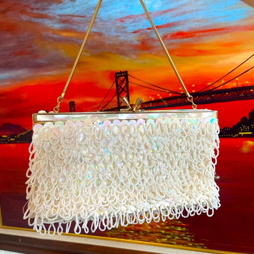 Vintage Beaded & Tasseled Mother of Pearl Evening Bag/Purse